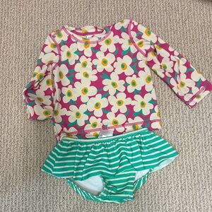 Toddler Swim Suit Floral Long Sleeve Top with Striped Bottoms